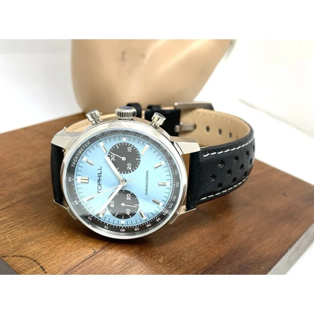 Tophill Men's Watch Mechanical Chronograph Blue Dial Black Leather Band 40mm